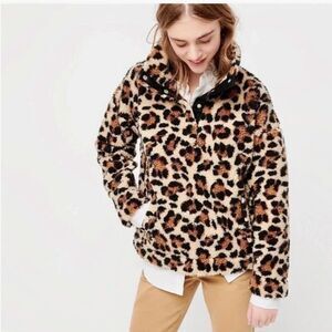 J.Crew Vintage Fleece Leopard Print Pullover Jacket Sz L Faux Fur Cozy Warm